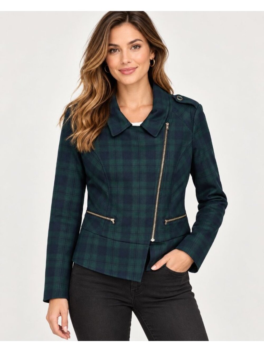 Cabi Moto Jacket 3181 Size 8 Green Navy Plaid Asymmetrical Zip Stretch Peplum